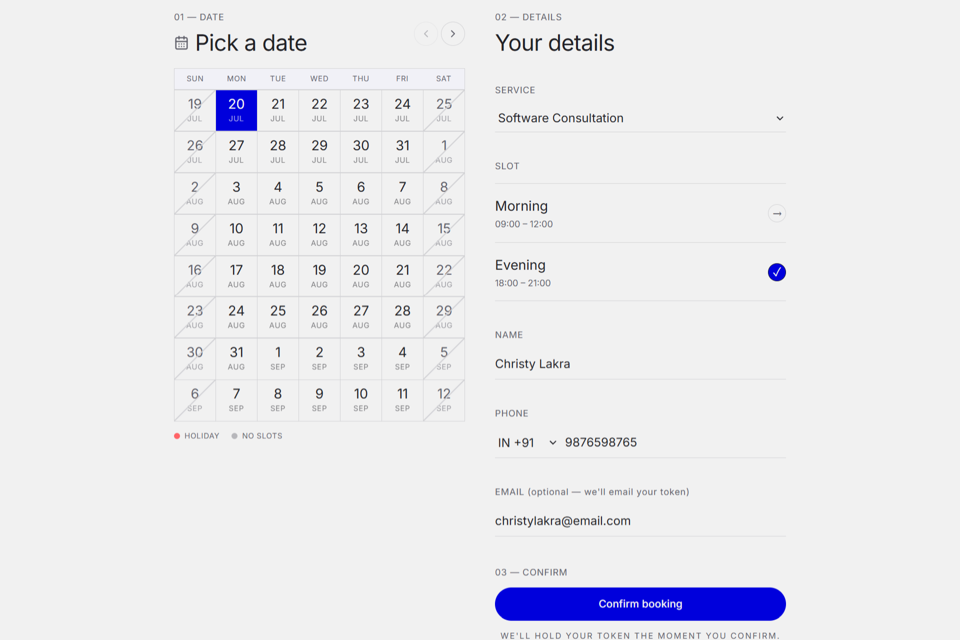 Qfloww public booking page with editorial calendar and details panel