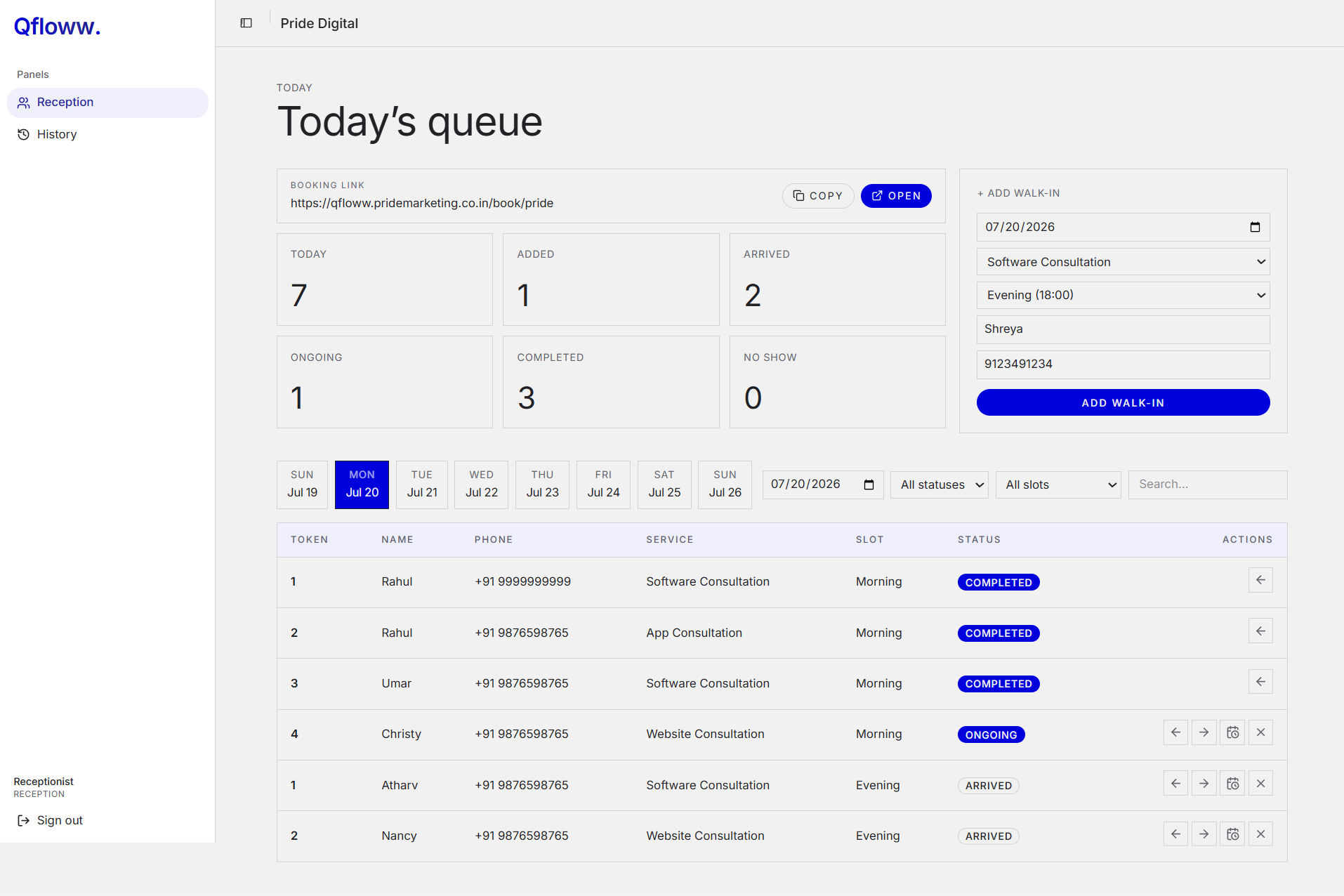 Qfloww reception dashboard showing today's queue and add walk-in panel