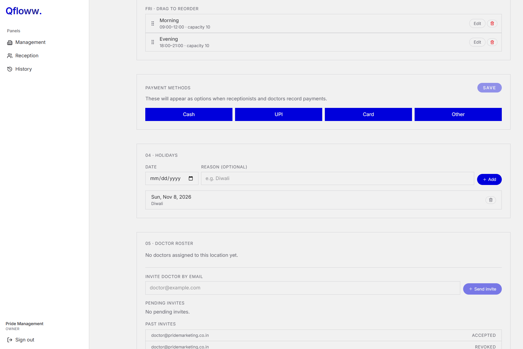 Qfloww management panel with weekly slots, holidays and doctor roster